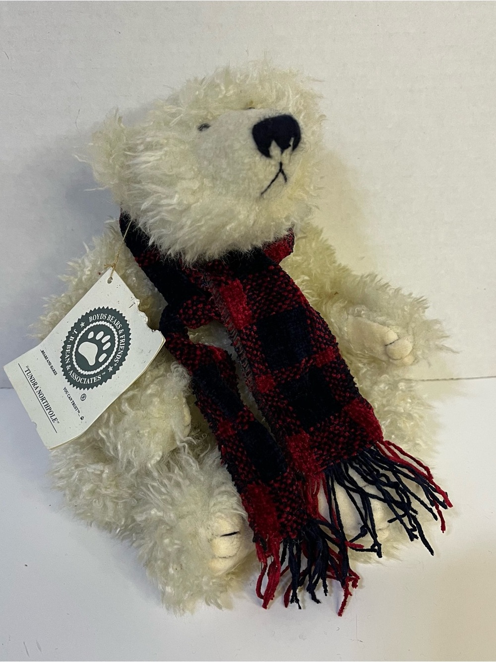 Boyds Bears Cream Polar Bear with Red and Black Plaid Scarf; Tundra Northpole